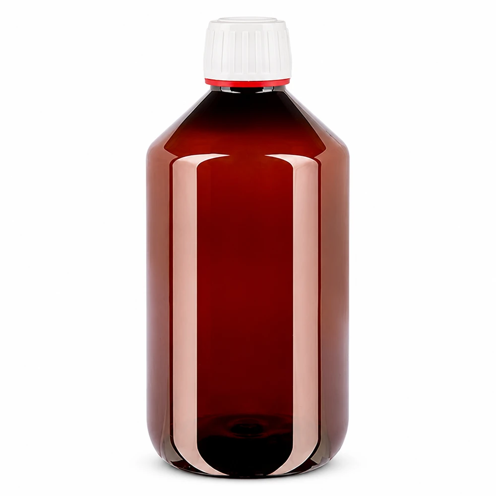 Brązowa butelka PET o pojemności 500 ml z białym zamknięciem zabezpieczającym, przeznaczona do zastosowań farmaceutycznych