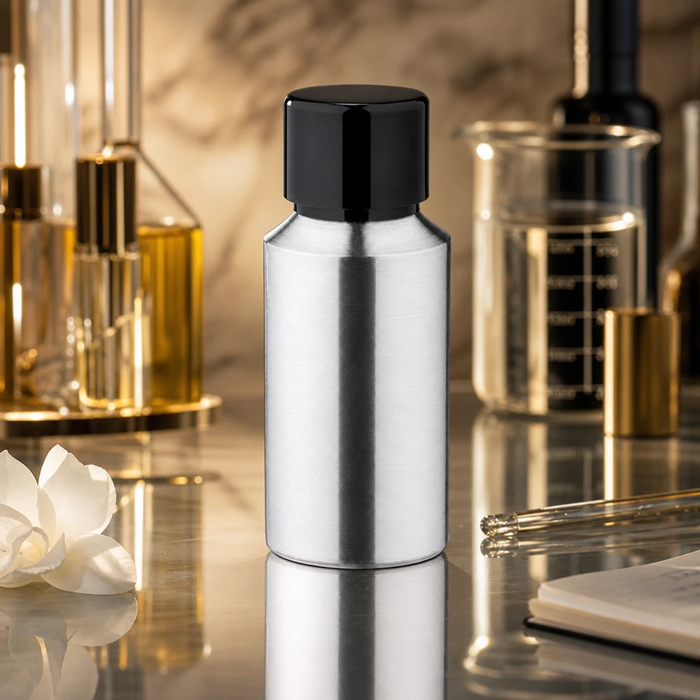 Butelka z polerowanego aluminium o pojemności 30 ml z zakrętką Profesjonalna butelka z polerowanego aluminium o pojemności 30 ml na wysokiej jakości produkty kosmetyczne i serum