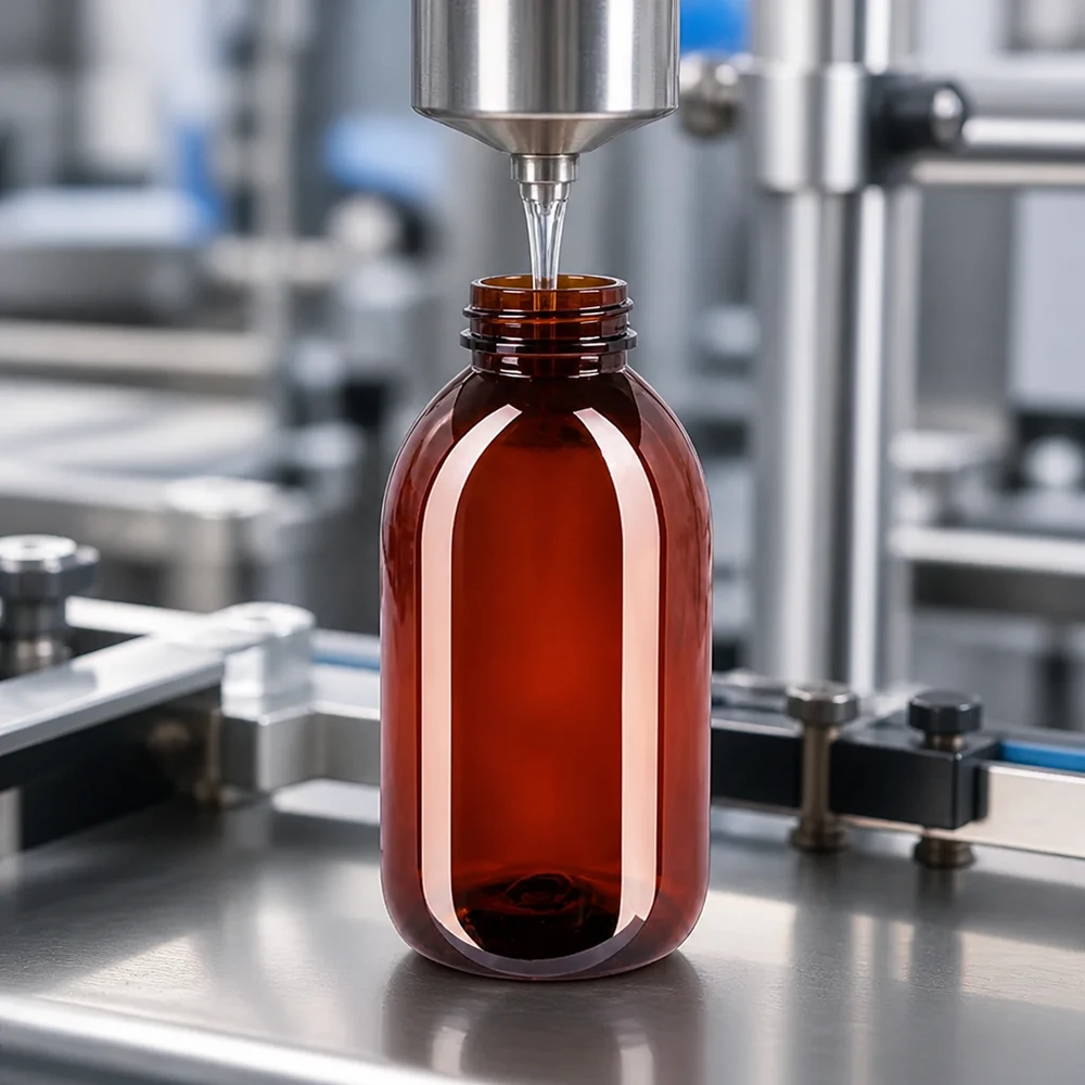 Linia rozlewnicza automatycznie napełnia brązowe butelki PET o pojemności 250 ml z zamknięciem zabezpieczającym