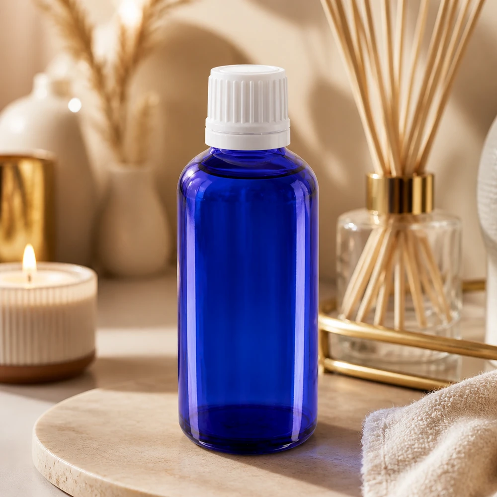 Butelka apteczna niebieska 50ml drip v. 1,2 mm biały OV Butelka apteczna o pojemności 50 ml z niebieskiego szkła z białą nakrętką dozującą, przeznaczona do kosmetyków i aromaterapii