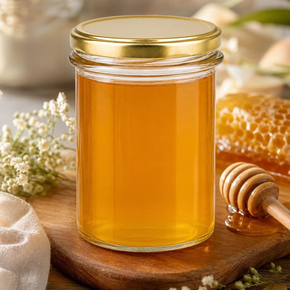 Kubki o pojemności 230 ml wypełnione miodem z pokrywką BasicSeal w kolorze złotym UNiTWIST na drewnianej desce z plastrem miodu i łyżeczką do miodu