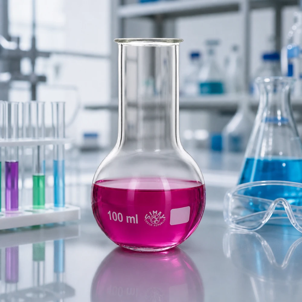Kolba biodrowa z szeroką szyjką 100 ml Kolba stojąca 100 ml wykonana z przezroczystego szkła laboratoryjnego z szeroką szyjką ułatwiającą napełnianie i czyszczenie.