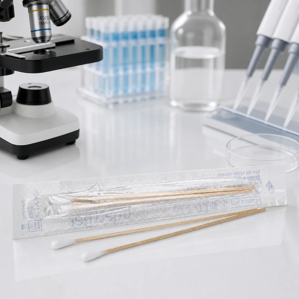 Sterylne patyczki z waty w laboratorium obok mikroskopu i probówek do zastosowań medycznych