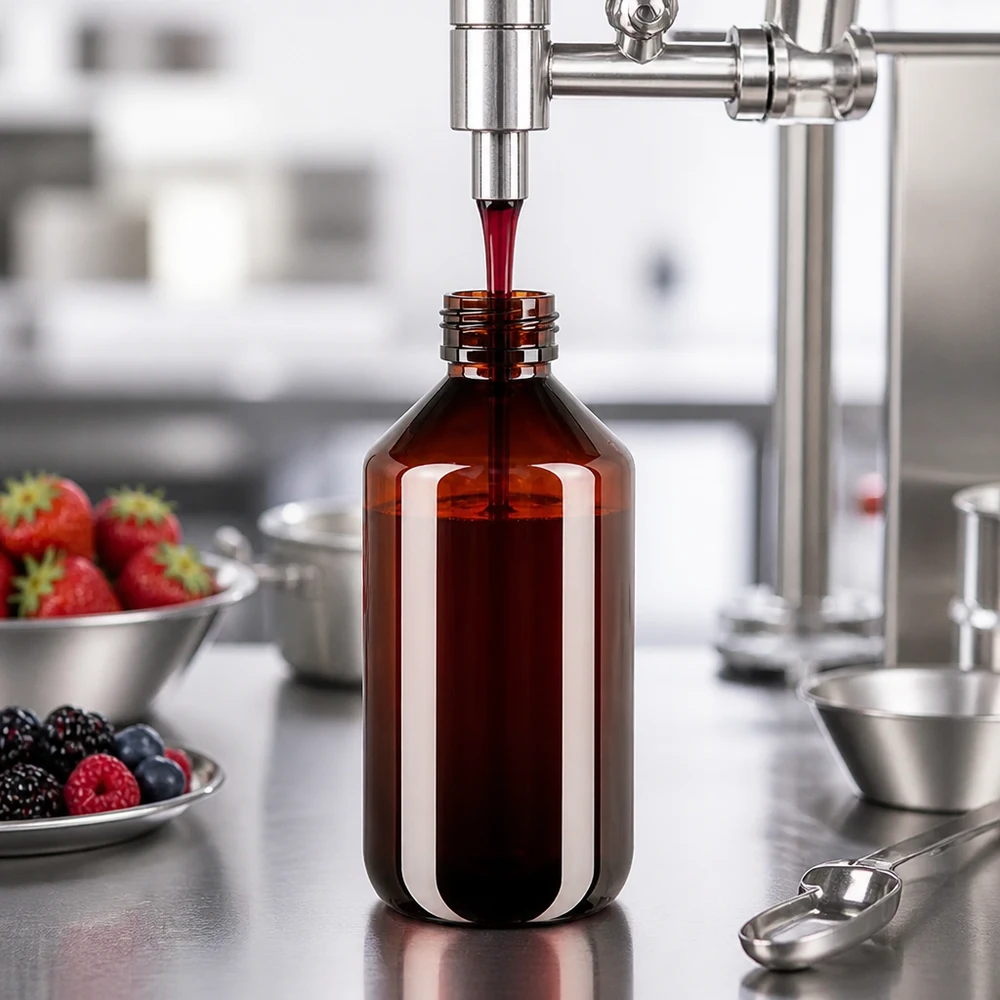 Automatyczna linia rozlewnicza napełnia brązową butelkę PET o pojemności 500 ml czerwonym syropem w środowisku produkcyjnym