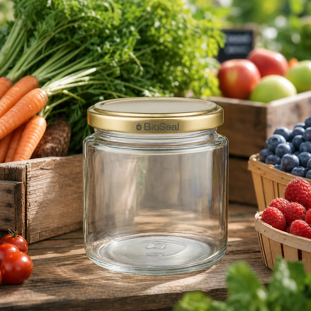 Pusty słoik na miód BioSeal 250 ml ze złotą pokrywką UNiTWIST otoczony świeżymi owocami i warzywami z ogrodu