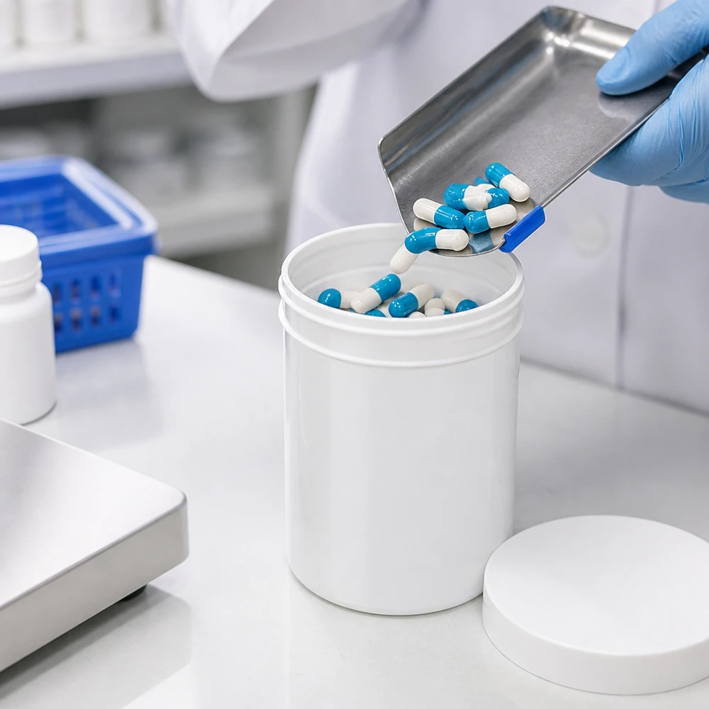 Rozlewanie preparatów farmaceutycznych w postaci kapsułek do białych słoików na maści o pojemności 800 g, wykonanych z PP, z zakrętką
