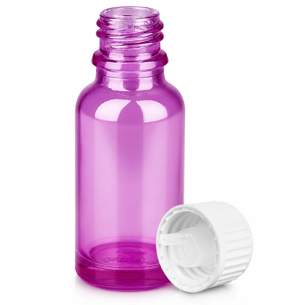 Butelka z zakraplaczem 20ml 0,9mm biała standard PurpleLine. UT18/20 Fioletowa szklana butelka o pojemności 20 ml z białym zakraplaczem do olejków eterycznych i serum