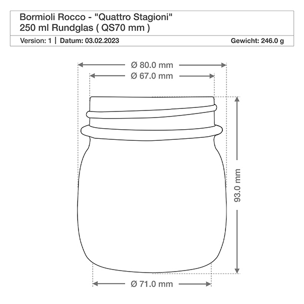 Słoik okrągły 250 ml „Quattro Stagioni” z pokrywką 250ml Bormioli Rocco Quattro Stagioni Rundglas mit Deckel - Technische Zeichnung mit Maßen für Einmachglas