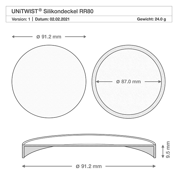 Kubek 165ml WECK RR80 z silikonową pokrywką biały Rysunek techniczny silikonowej pokrywki WECK RR80 o wymiarach 91,2 mm średnicy 9,5 mm wysokości do słoika tulipana 370 ml