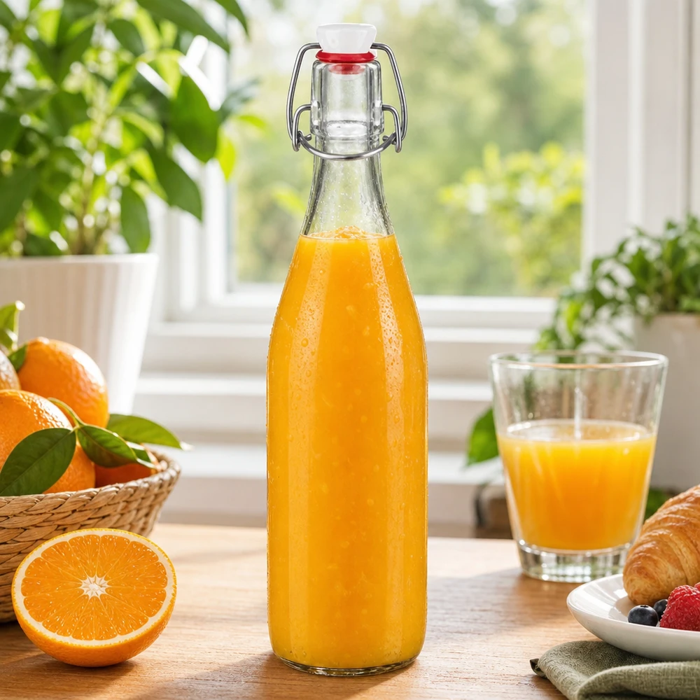 Szklana butelka 500 ml i zamknięcie z uchwytem PVC UNiTWIST 500ml Glasflasche Bügelverschluss befüllt mit frischem Orangensaft Frühstück gesunde Getränke Vintage Design