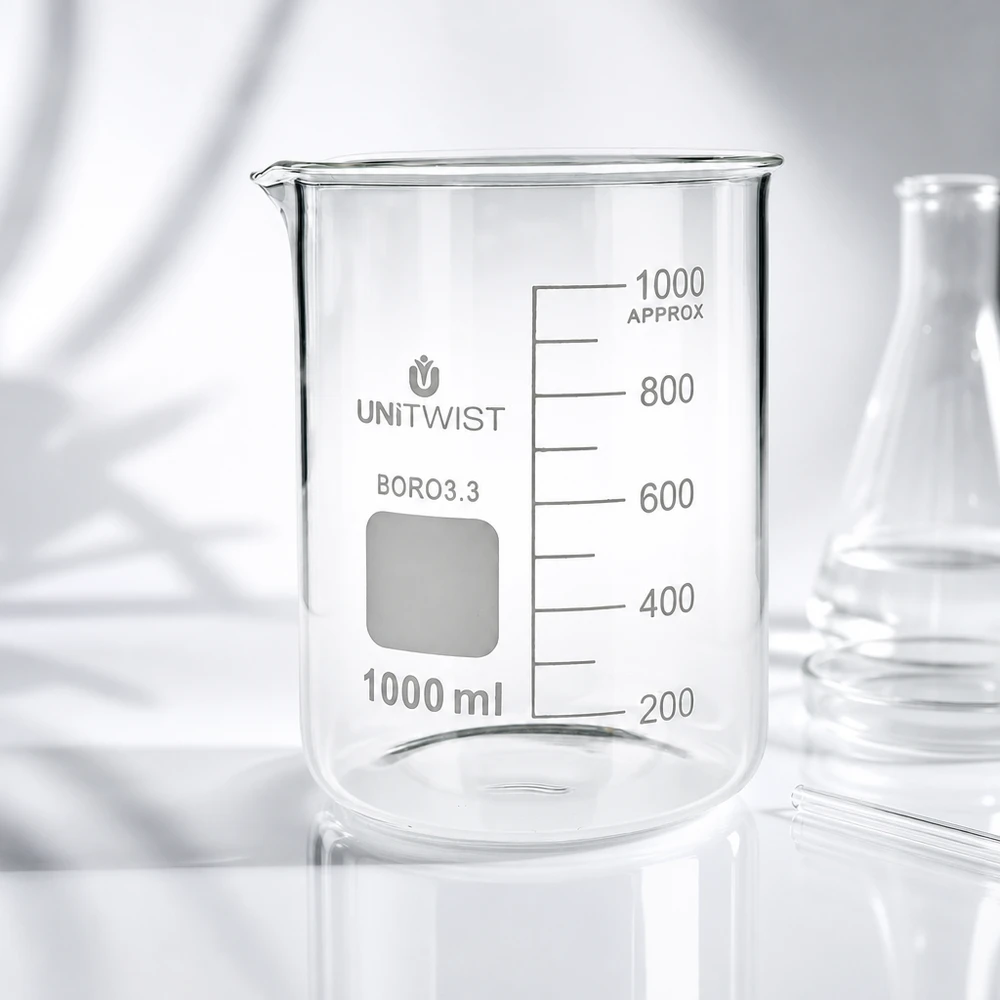 Zlewka 1000 ml borokrzemianowa, niski kształt UNiTWIST Szklanka UNiTWIST 1000 ml, szkło borokrzemowe 3.3, niski kształt, przezroczysta, pusta, na białym tle