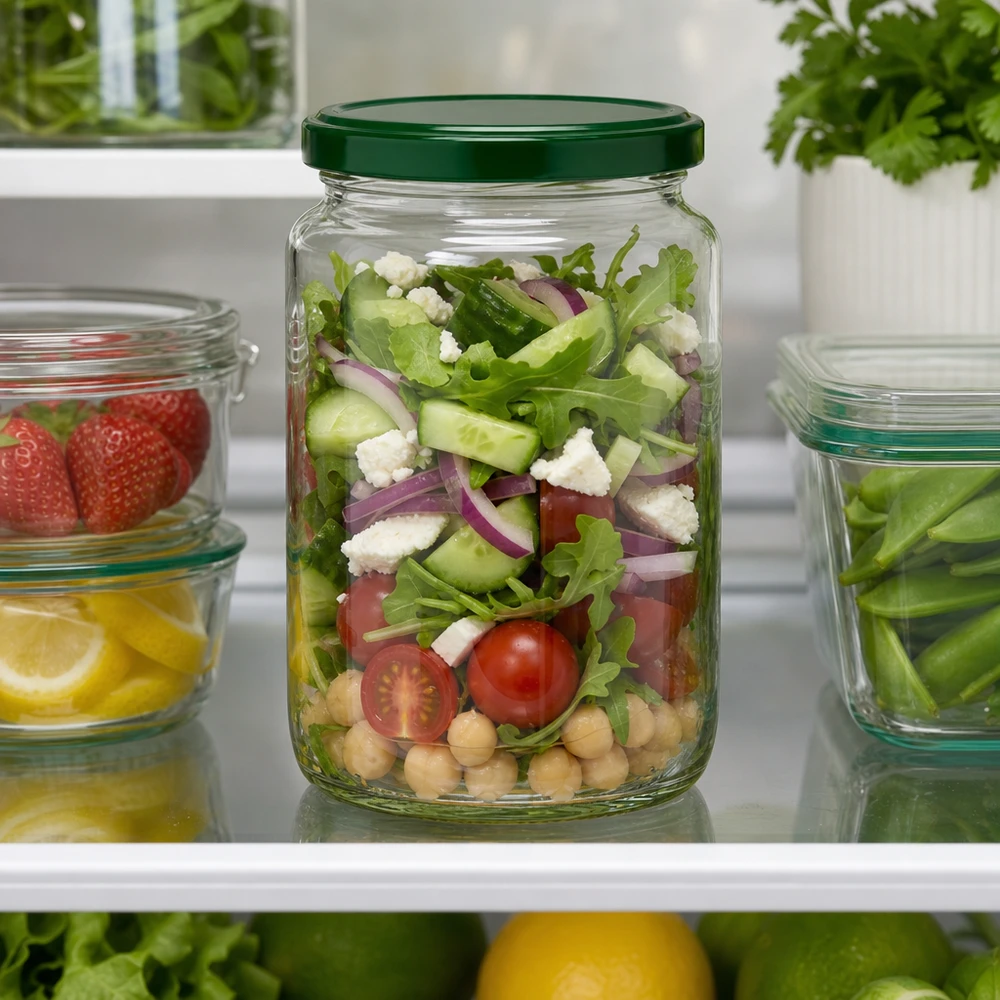 Słoik okrągły 795 ml + pokrywka BasicSeal zielona UNiTWIST 795ml UNiTWIST Rundglas mit grünem Deckel gefüllt mit Salat im Kühlschrank - perfekt für Meal Prep und Vorratshaltung