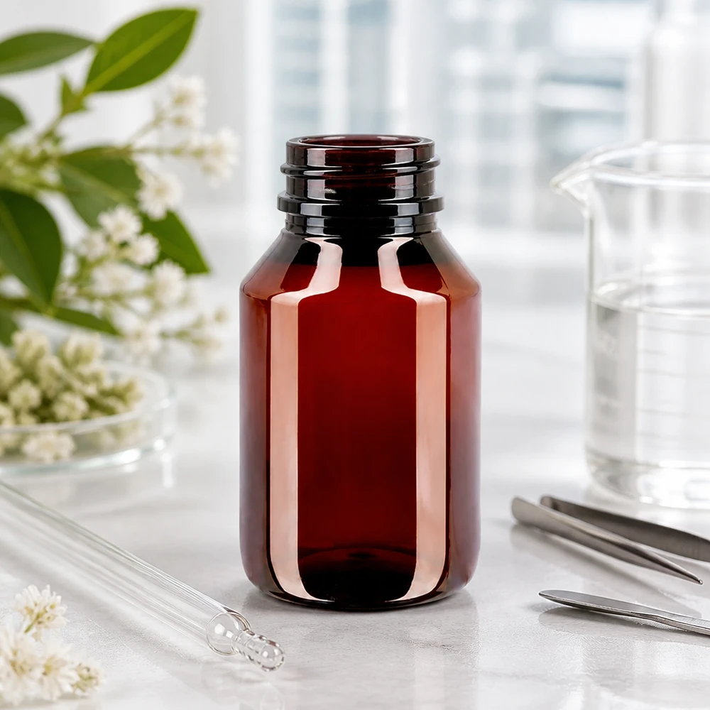 50ml PET Flasche in Braun mit Pinzetten und Glasstab für Naturkosmetikherstellung