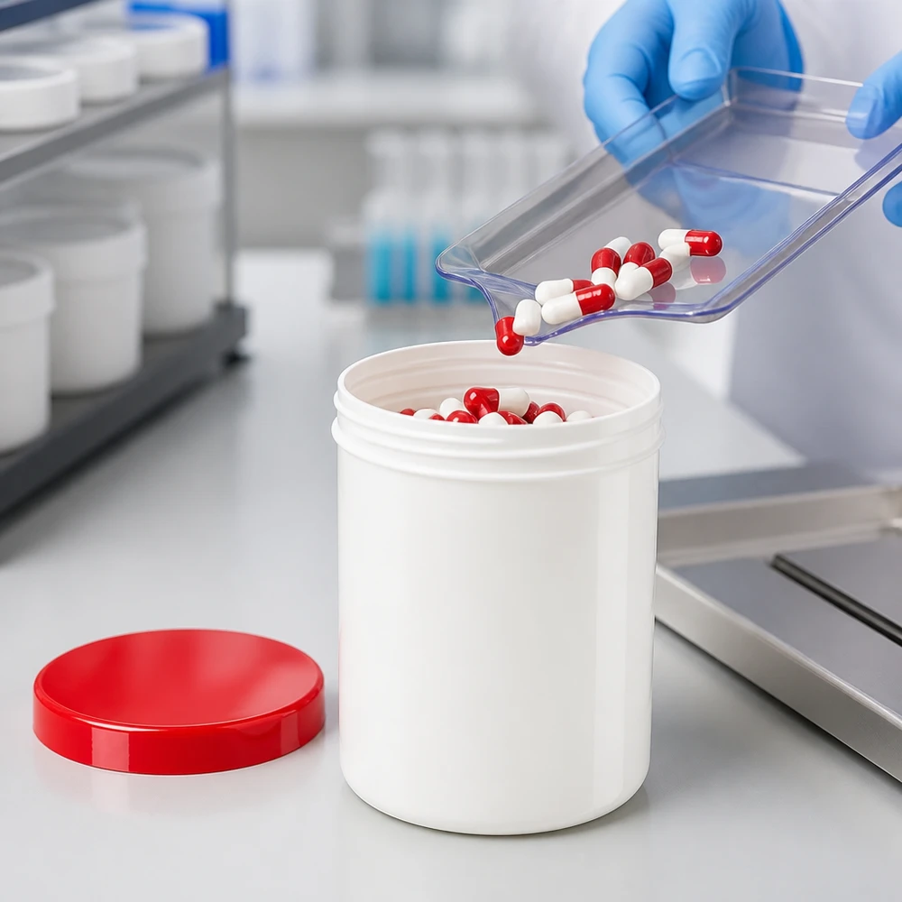 Napełnianie kapsułek do białych słoików na maści o pojemności 1000 g z czerwonymi zakrętkami z PP w zakładzie farmaceutycznym