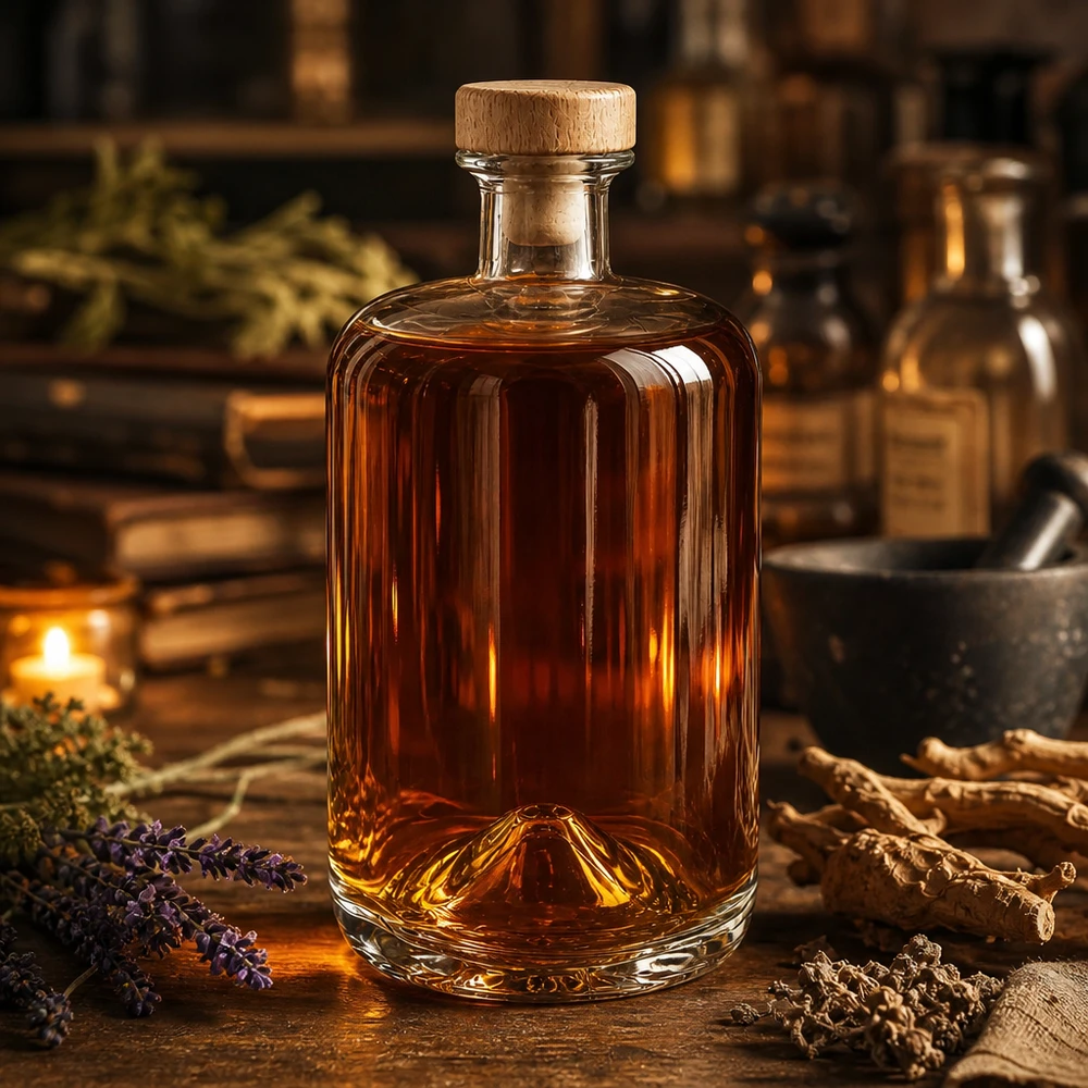 Glasflasche Sofia 700ml mit Holzkorken in rustikaler Apotheker-Atmosphäre mit Kräutern und warmem Ambiente