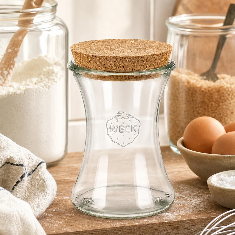 Słoik do przechowywania WECK 370ml RR80 z korkową pokrywką w rustykalnej kuchni między słoikami z mąką, jajkami i składnikami do pieczenia