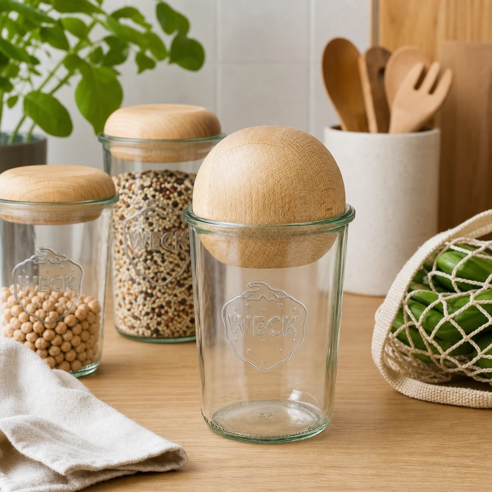 Kubki termiczne 850ml WECK RR100 z drewnianą kulką buk Kubki WECK RR100 850ml puste z kulką z drewna bukowego na drewnianym stole, zrównoważony sprzęt kuchenny z przyborami do przechowywania