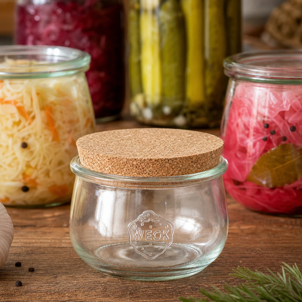 Słoik tulipan 580ml WECK RR100 z korkiem naturalny WECK słoik tulipan RR100 580ml z naturalnym korkiem między słoikami z fermentowanymi warzywami i dekoracją z kiszonych ogórków