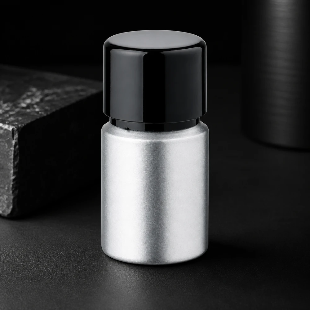 Butelka z barwionego aluminium o pojemności 10 ml z zakrętką Barwiona aluminiowa butelka 10 ml z matowym wykończeniem - profesjonalna metalowa butelka na próbki i chemikalia