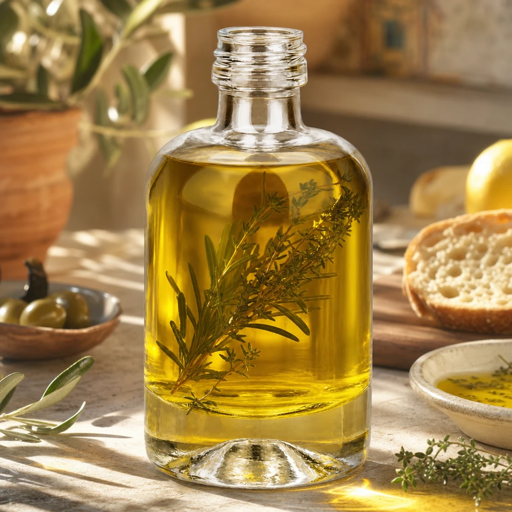 40 ml szklana butelka Sara wypełniona olejkiem ziołowym jako przykład zastosowania w kosmetyce i aromaterapii