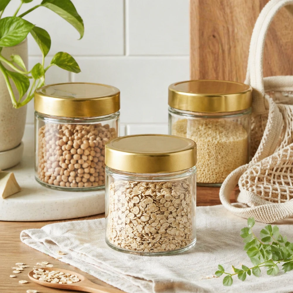 154 ml okrągłe szkło z pokrywką BasicSeal złota deep UN.. 154ml Rundglas BasicSeal gold Vorratsdosen Set Haferflocken Kichererbsen Quinoa nachhaltige Küchen Aufbewahrung