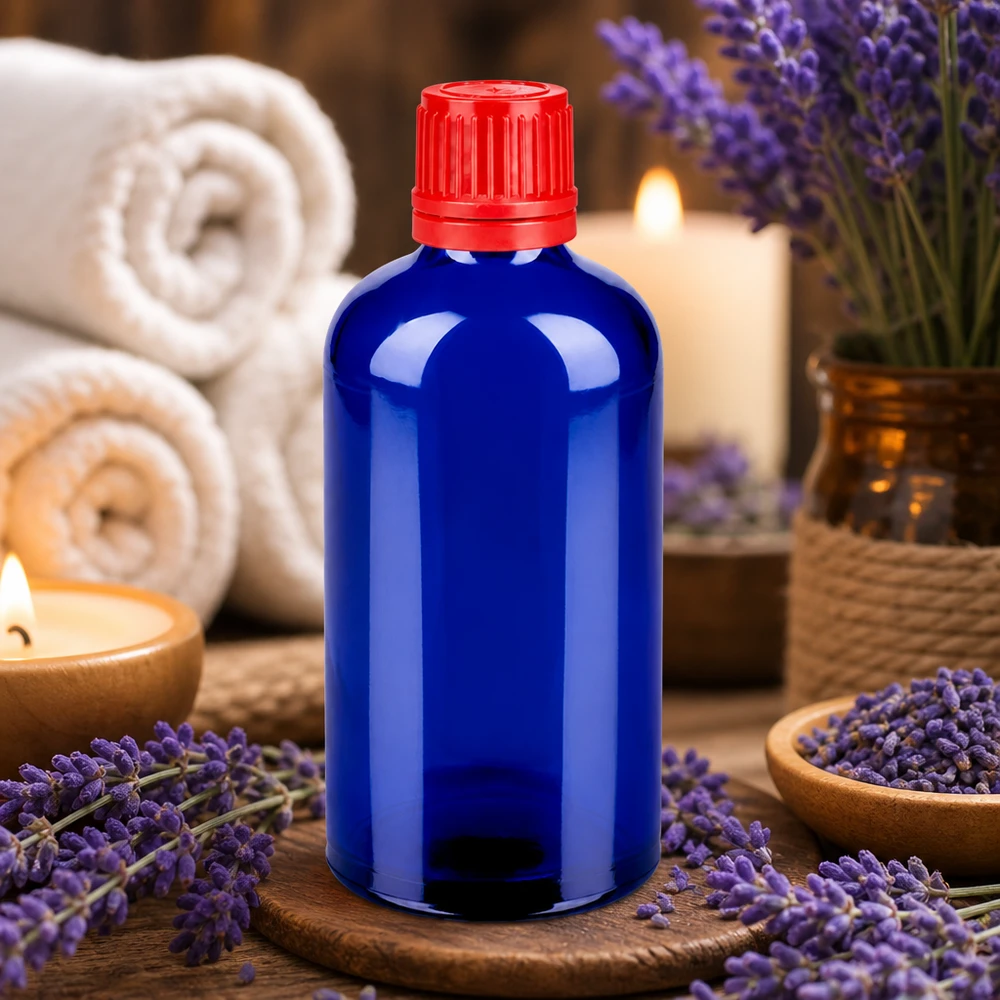Butelka 100 ml 11 mm SV czerwony OV BlueLine UT18/100 100 ml butelka do aromaterapii kobaltowo-niebieska z czerwoną nakrętką na olejki eteryczne i wellness