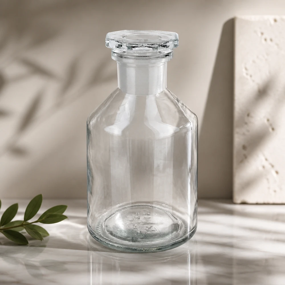 Butelka z wąską szyjką i przezroczystym korkiem o pojemności 50 ml Pusta butelka typu „Steilbrust” o pojemności 50 ml, z wąską szyjką, wykonana z przezroczystego szkła, z fasetowanym korkiem szklanym