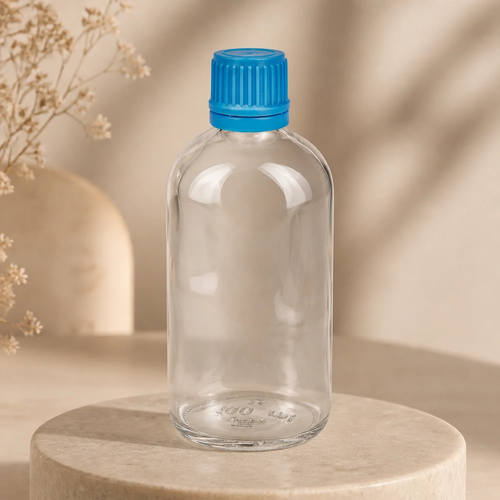 Butelka 100 ml 11 mm SV niebieski OV ClearLine UT18/100 Pusta butelka apteczna o pojemności 100 ml, wykonana z przezroczystego szkła, z niebieską, żebrowaną nakrętką, umieszczona na kamiennej podstawce