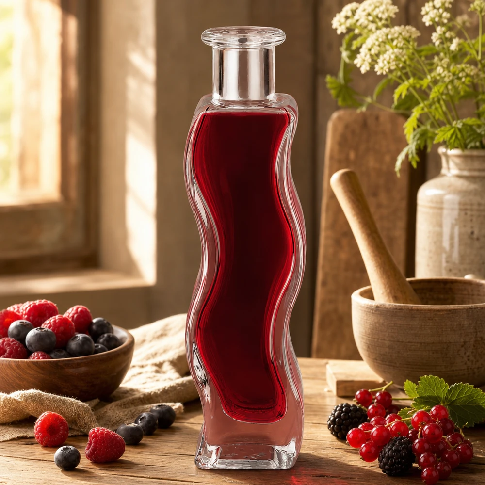 Szklana butelka Melissa 100 ml bez zamknięcia UNiTWIST® Glasflasche Melissa 100ml mit rotem Beerensaft in natürlicher Küche umgeben von frischen Beeren und Holzschalen