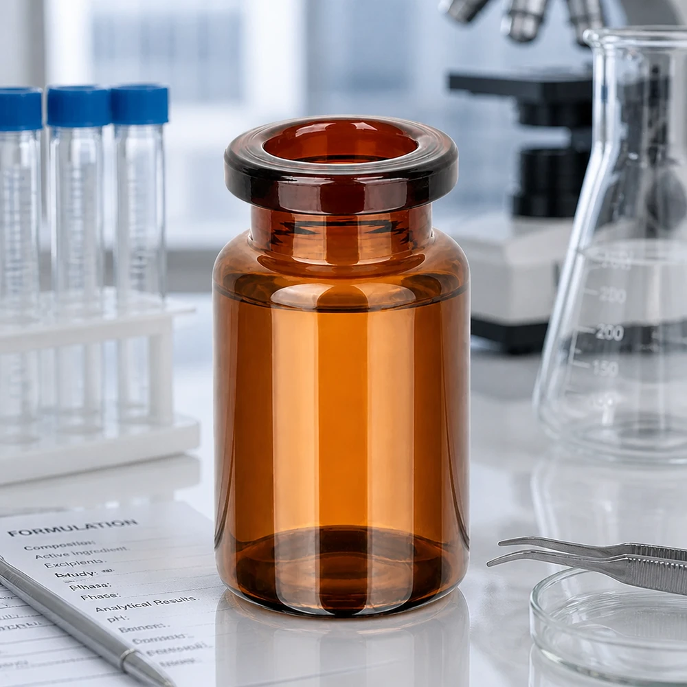 Butelka iniekcyjna z bursztynowego szkła 5 ml Leere Injektionsflasche Braunglas 5ml neben Erlenmeyerkolben und Formulation Sheet