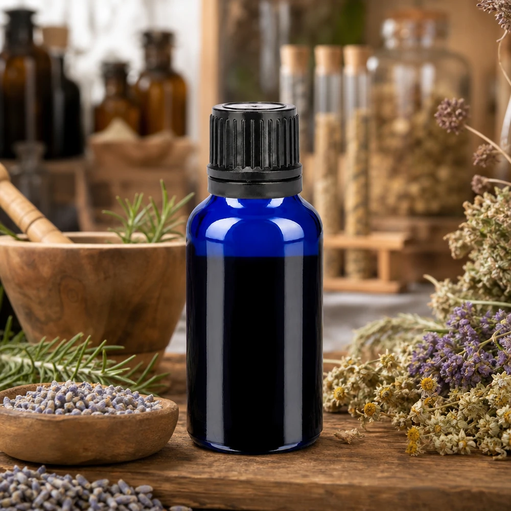 Butelka 20 ml 11 mm SV czarna OV BlueLine UT18/20 Kobaltowo-niebieska szklana buteleczka o pojemności 20 ml z czarną zakrętką z rowkami do bezpiecznego przechowywania olejków eterycznych