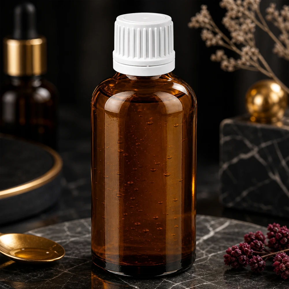 Butelka 50 ml 11 mm SV biała OV BrownLine UT18/50 Butelka na leki o pojemności 50 ml wykonana z bursztynowego szkła chroniącego przed promieniowaniem UV z bezpieczną białą zakrętką na produkty farmaceutyczne