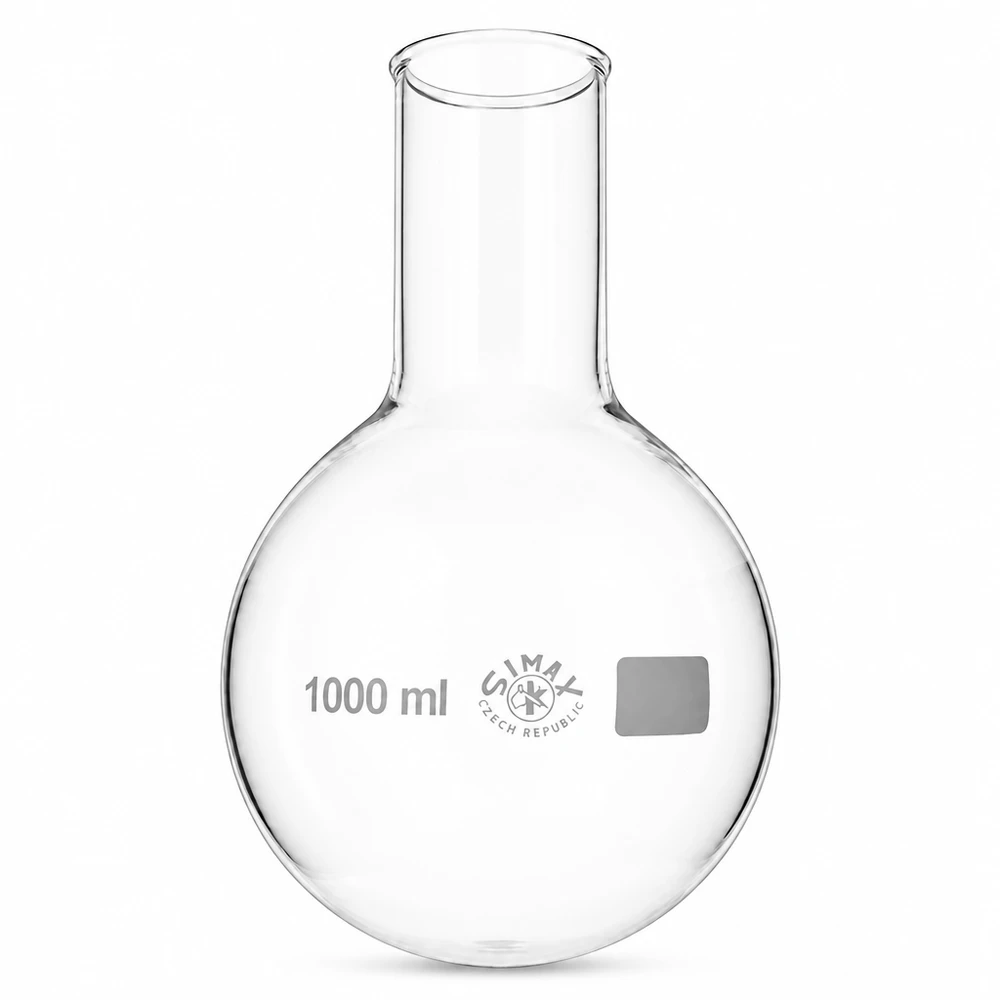 Kolba okrągłodenna z szeroką szyjką 1000 ml Kolba okrągłodenna o szerokiej szyjce i pojemności 1000 ml z podziałką do precyzyjnych pomiarów w laboratorium