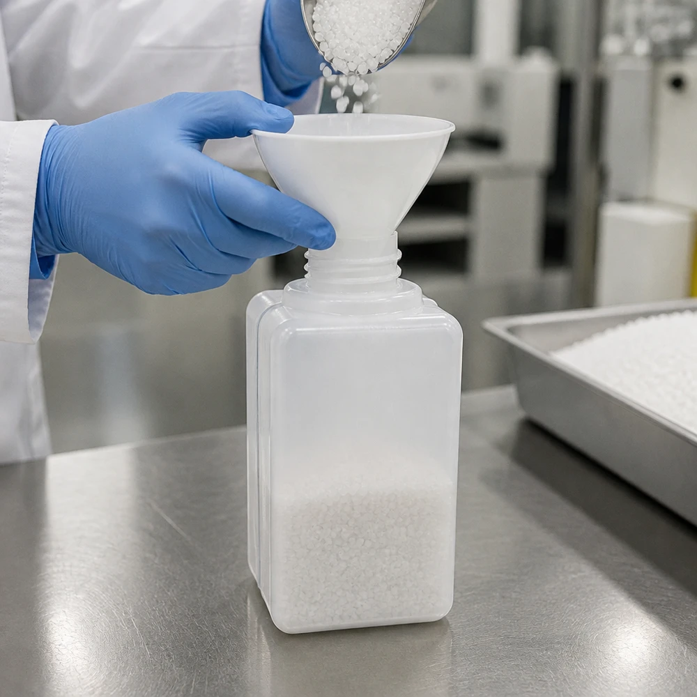 Biała butelka na chemikalia z wąską szyjką o pojemności 50 ml, wykonana z PE-HD GL 18, jest napełniana białymi granulkami