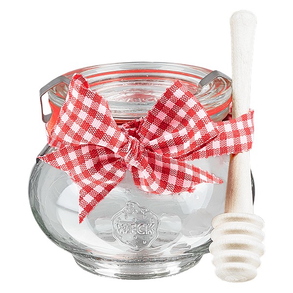 S&#322;oik dekoracyjny WECK 220 ml, kompletny z &#322;y&#380;eczk&#261; do miodu i wst&#261;&#380;k&#261;