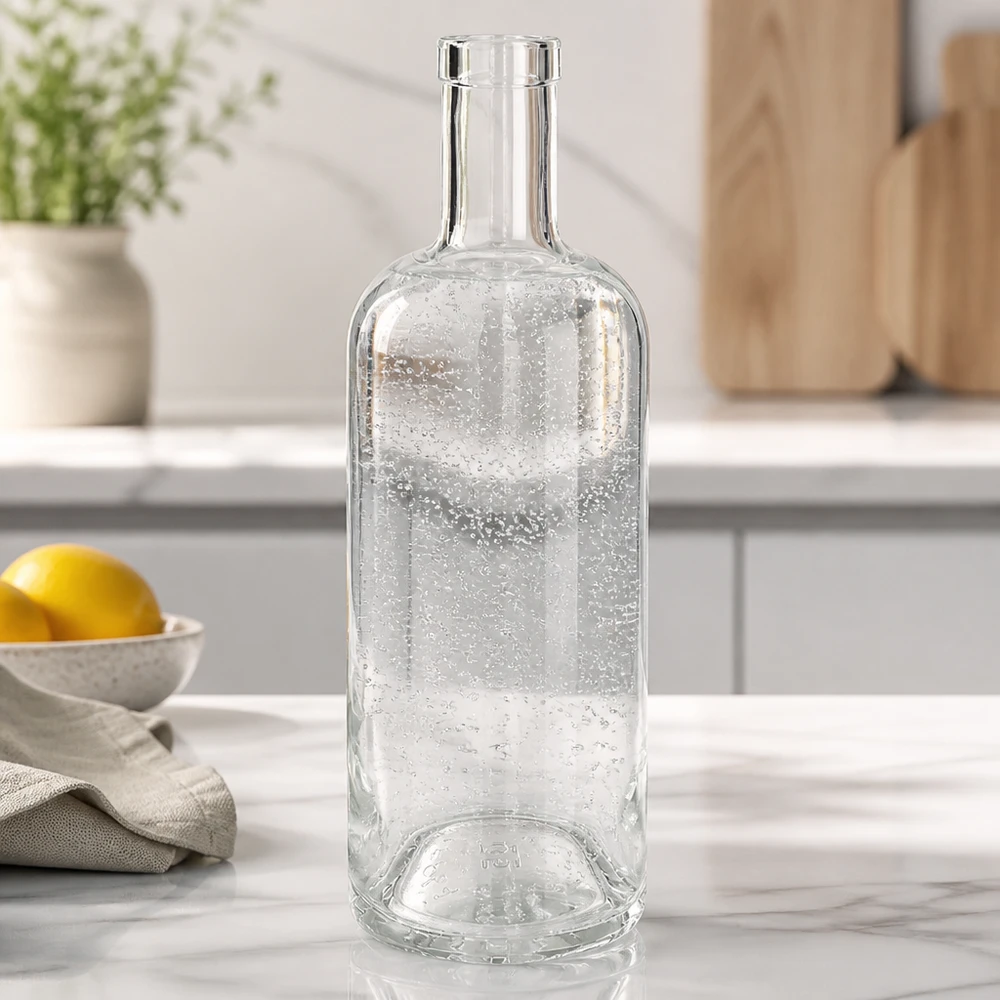 Szklana butelka 750 ml Emma bez zamknięcia UNiTWIST® 750 ml szklana butelka Emma pusta w białej kuchni na marmurowym blacie z cytryną i ściereczką jako dekoracją