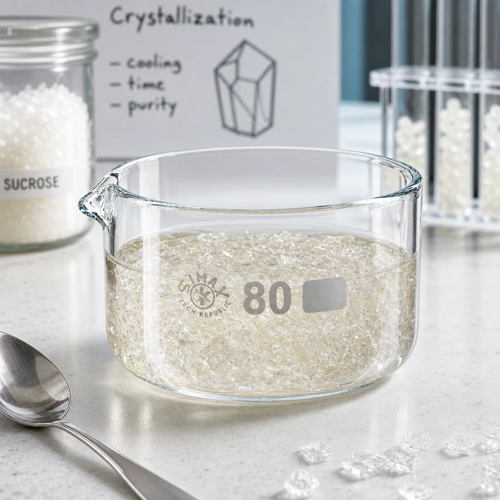 Miska do krystalizacji o pojemności 150 ml do eksperymentu z krystalizacją sacharozy z białymi kryształkami cukru o średnicy 80 mm