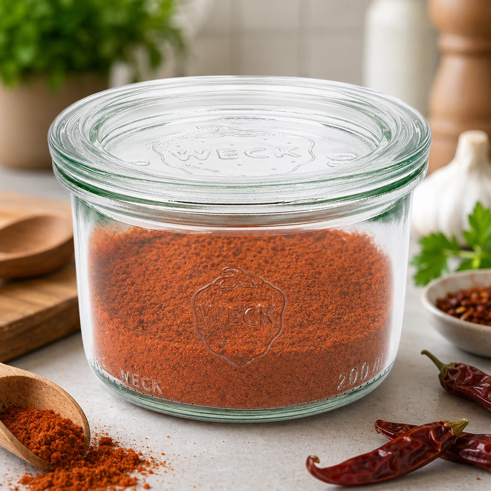 Kubki WECK 200 ml RR80 wypełnione papryką w proszku do optymalnego przechowywania przypraw obok papryczek chili.