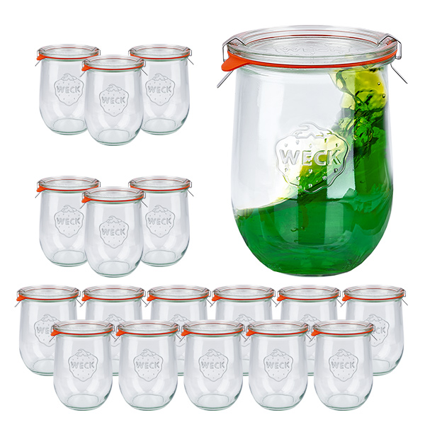 Zestaw 18 słoików Weck 1062 ml, słoiki typu tulipan, kubki o pojemności 1 litra Zestaw 18 słoików Weck 1062 ml, słoiki typu tulipan, kubki o pojemności 1 litra