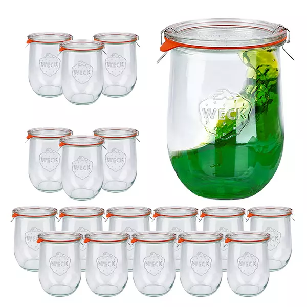 Zestaw 18 słoików Weck 1062 ml, słoiki typu tulipan, kubki o pojemności 1 litra Zestaw 18 słoików Weck 1062 ml, słoiki typu tulipan, kubki o pojemności 1 litra