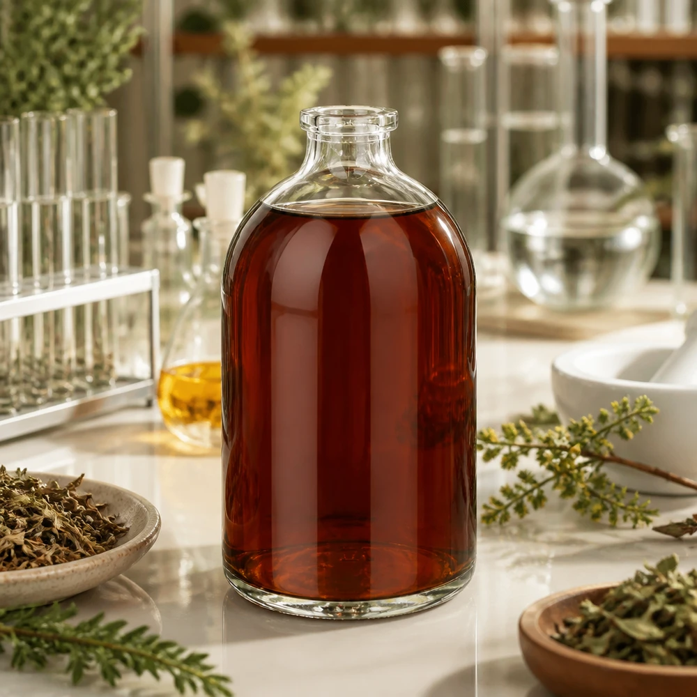 Butelka iniekcyjna z przezroczystego szkła 100 ml Kleine Klarglas Injektionsflasche 100ml mit dunklem Kräuterauszug zwischen Reagenzgläsern und Schalen