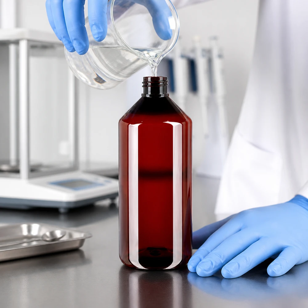 Butelka PET 1000ml z nakrętką odgazowującą czerwona Laborant, mając na rękach rękawiczki ochronne, napełnia brązową butelkę PET o pojemności 1000 ml przezroczystym płynem z zlewki.