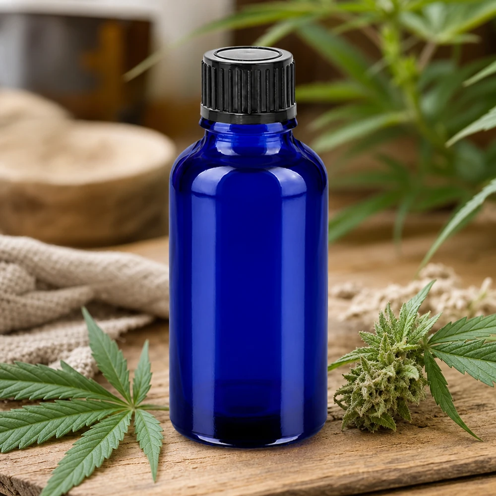 Butelka 30 ml, 11 mm SV, czarna STD BlueLine UT18/30 Niebieska szklana butelka o pojemności 30 ml z solidną zakrętką do bezpiecznego przechowywania nalewek