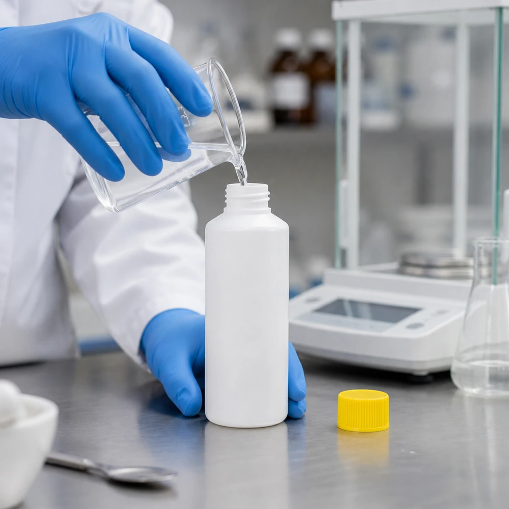 Cylindryczna butelka z tworzywa sztucznego o pojemności 100 ml z gwintem i żółtym zamknięciem zabezpieczającym przed dziećmi