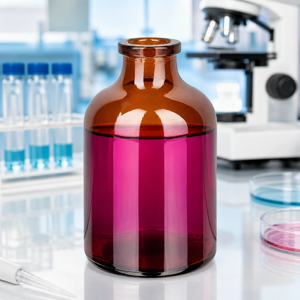 Butelka iniekcyjna z bursztynowego szkła 50 ml Braunglas Injektionsflasche 50ml mit breitem Zylinderkörper und eingezogenem Hals im Labor