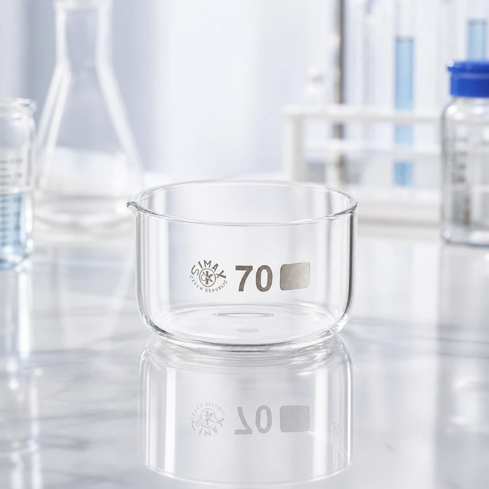 Przezroczysta szklana miseczka 100 ml Simax – miseczka do krystalizacji, płaska konstrukcja, średnica dna 70 mm