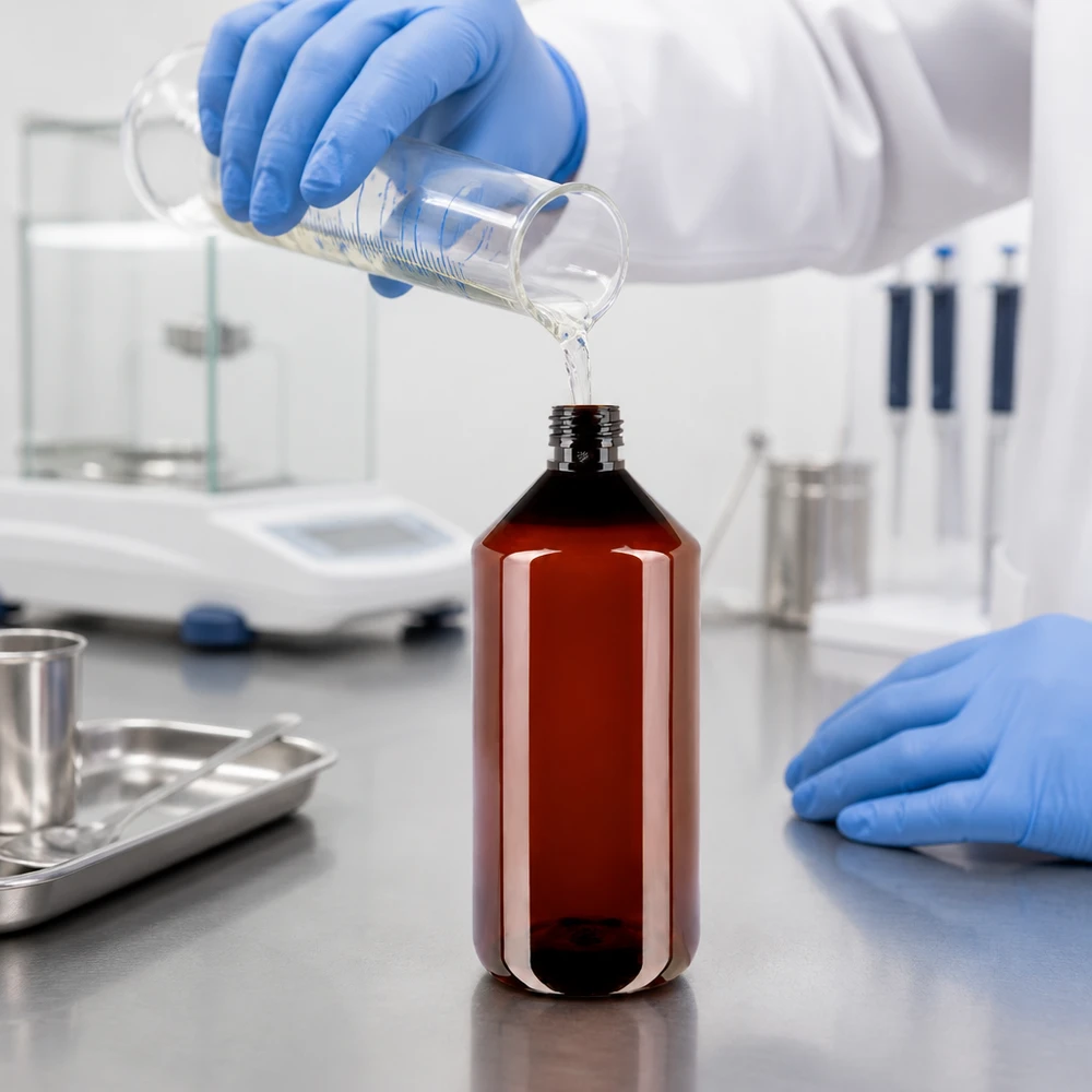 Laborant napełnia brązową butelkę PET o pojemności 1000 ml (PP28) płynem z zlewki w białym laboratorium