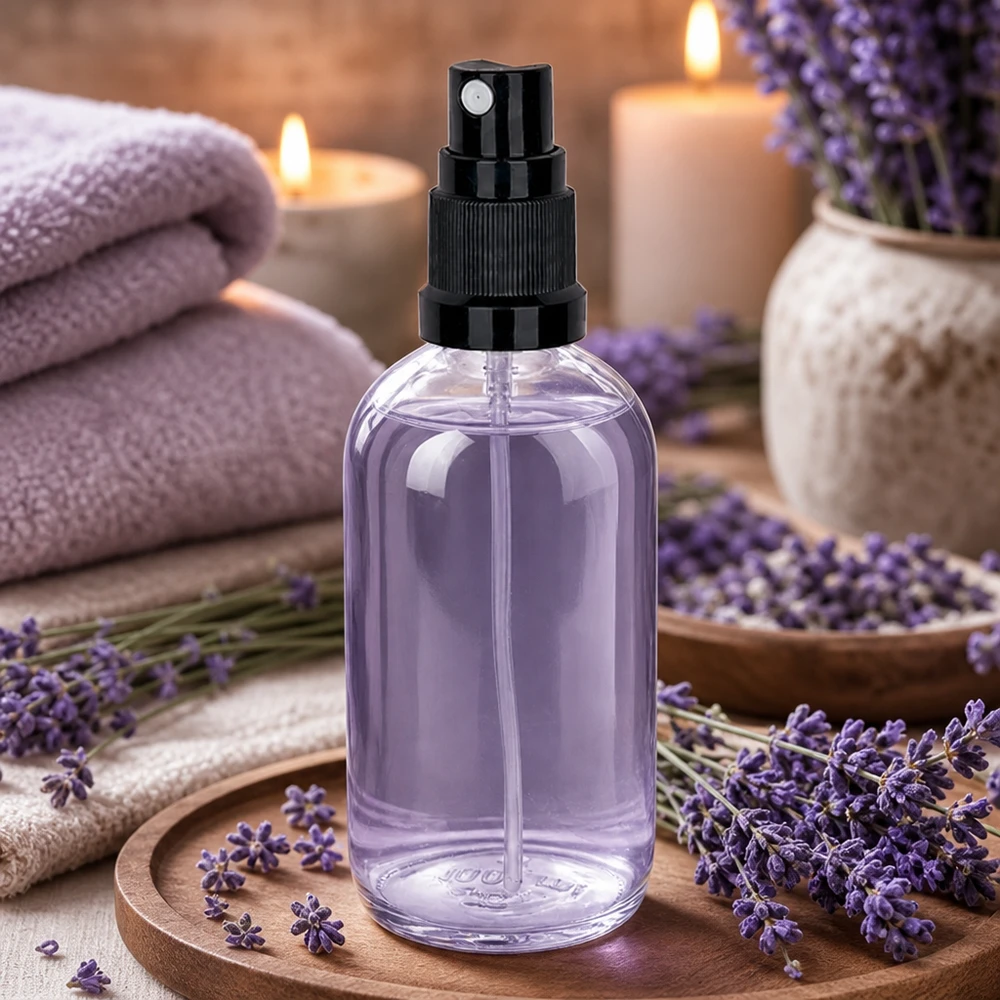 100 ml butelka ze spryskiwaczem czarna STD ClearLine UT18/100 Spray zapachowy o zapachu lawendy w szklanej butelce ClearLine o pojemności 100 ml z czarnym atomizerem, na drewnianej podstawce
