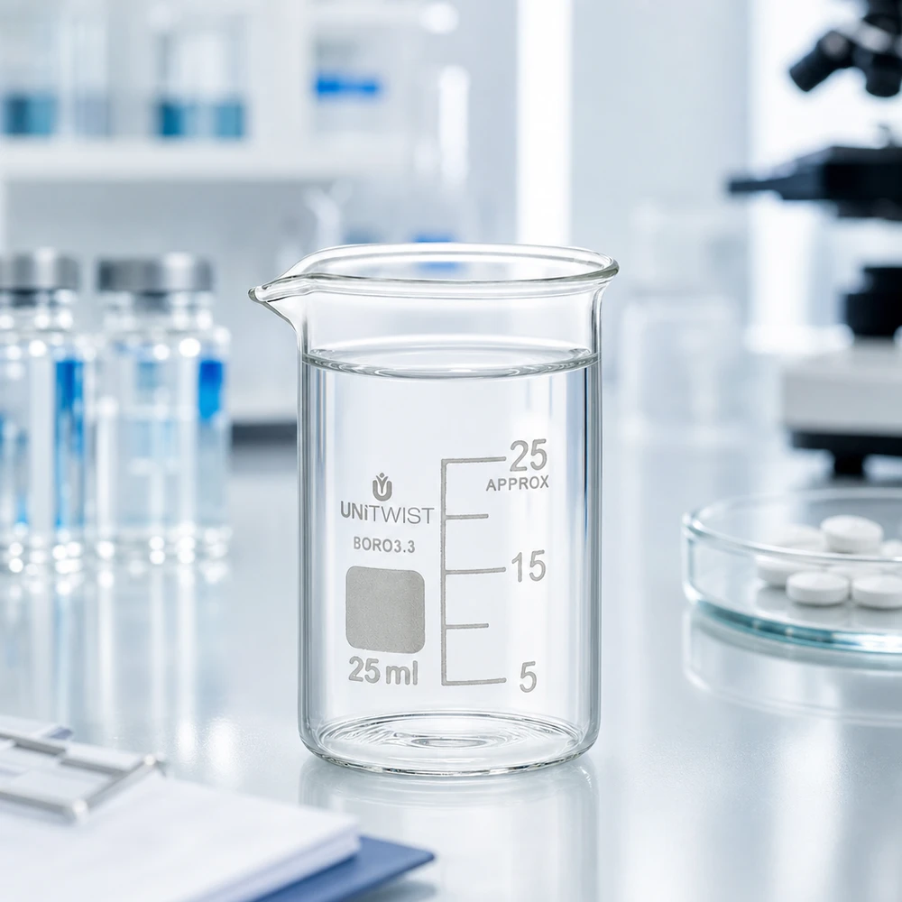 Szklanka UNiTWIST o pojemności 25 ml, niskiego kształtu, wykonana z borokrzemianu 3.3, obok mikroskopu i tabletek w laboratorium