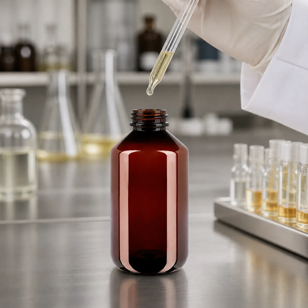 Butelka farmaceutyczna o pojemności 500 ml, wykonana z brązowego PET z białym nakrętką, przeznaczona do substancji wrażliwych na światło w laboratorium